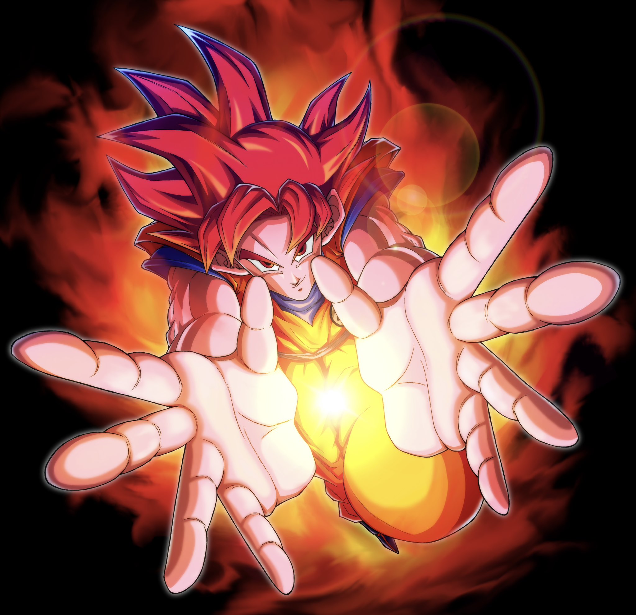 son goku, dragon ball, dragon ball super, dragon ball z, dragon ball z kami to kami, dragonball z, hashtag-only commentary, highres, 1boy, aura, black background, blue shirt, dougi, full body, majinn48, male focus, medium hair, muscular, muscular male, orange pants, orange shirt, pants, red eyes, red hair, shirt, smirk, solo, spiked hair, super saiyan, super saiyan god