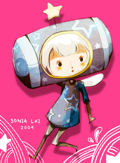 pochi-chan, pochi (pochikoro3987), gaia online, katamari damacy, self-upload, 00s, 1girl, 2009, boots, dress, fairy wings, female focus, gloves, knee boots, pink theme, signature, solo, splashing, star (symbol), white hair, wings