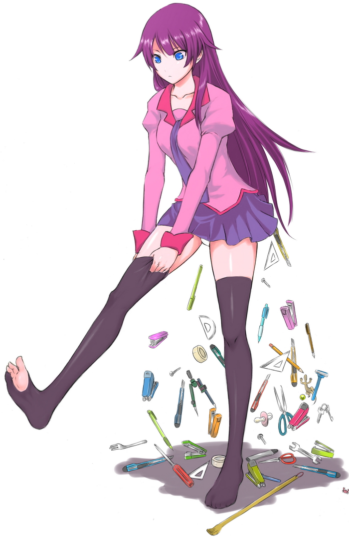lang (chikage36), senjougahara hitagi, bakemonogatari, monogatari (series), 00s, 1girl, black thighhighs, blue eyes, compass, crab, crustacean, feet, female focus, fork, key, legs, long hair, miniskirt, necktie, no shoes, pacifier, panties, pantyshot, pleated skirt, purple hair, purple thighhighs, razor, school uniform, scissors, screwdriver, set square, simple background, skirt, solo, stapler, stationery, thighhighs, thighhighs pull, toes, torn clothes, torn thighhighs, underwear, white background, white panties, wrench