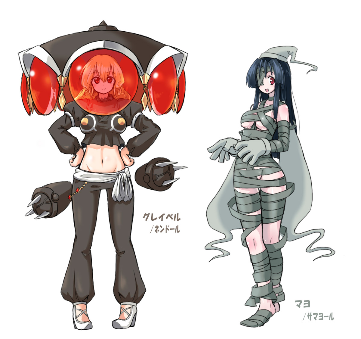 homura subaru, claydol, dusclops, nintendo, pokemon, bad id, bad pixiv id, 2girls, bandages, belt, blonde hair, breasts, costume, eyepatch, gen 3 pokemon, hat, midriff, multiple girls, mummy, navel, personification, red eyes, underboob