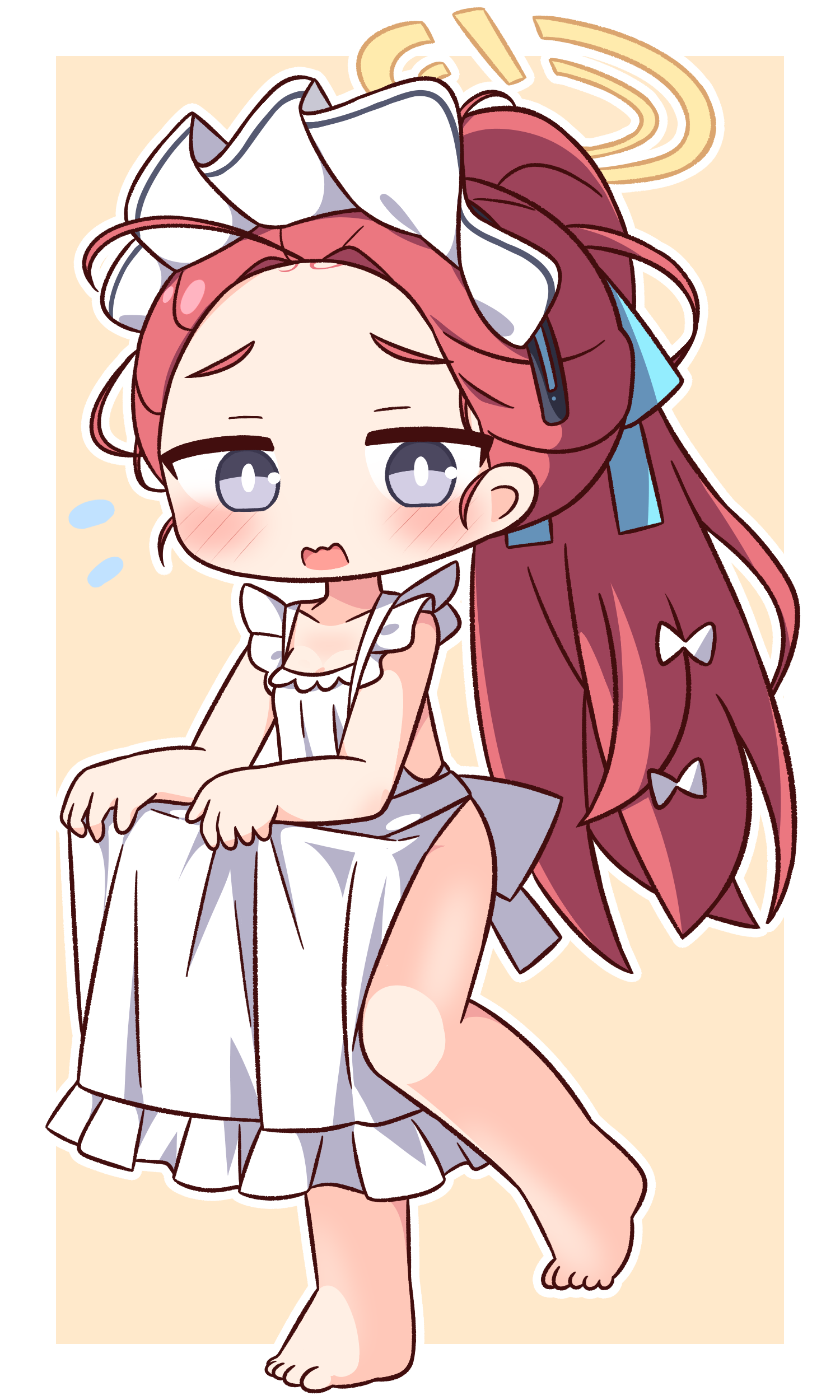 hana kazari, yuzu (blue archive), yuzu (maid) (blue archive), blue archive, absurdres, commentary request, highres, 1girl, apron, apron hold, barefoot, blue ribbon, blush, border, bow, collarbone, flying sweatdrops, frilled apron, frills, full body, grey eyes, hair bow, hair ribbon, halo, long hair, looking at viewer, maid headdress, naked apron, open mouth, outline, outside border, ponytail, red hair, ribbon, simple background, solo, standing, standing on one leg, wavy mouth, white apron, white border, white bow, white outline, yellow background, yellow halo