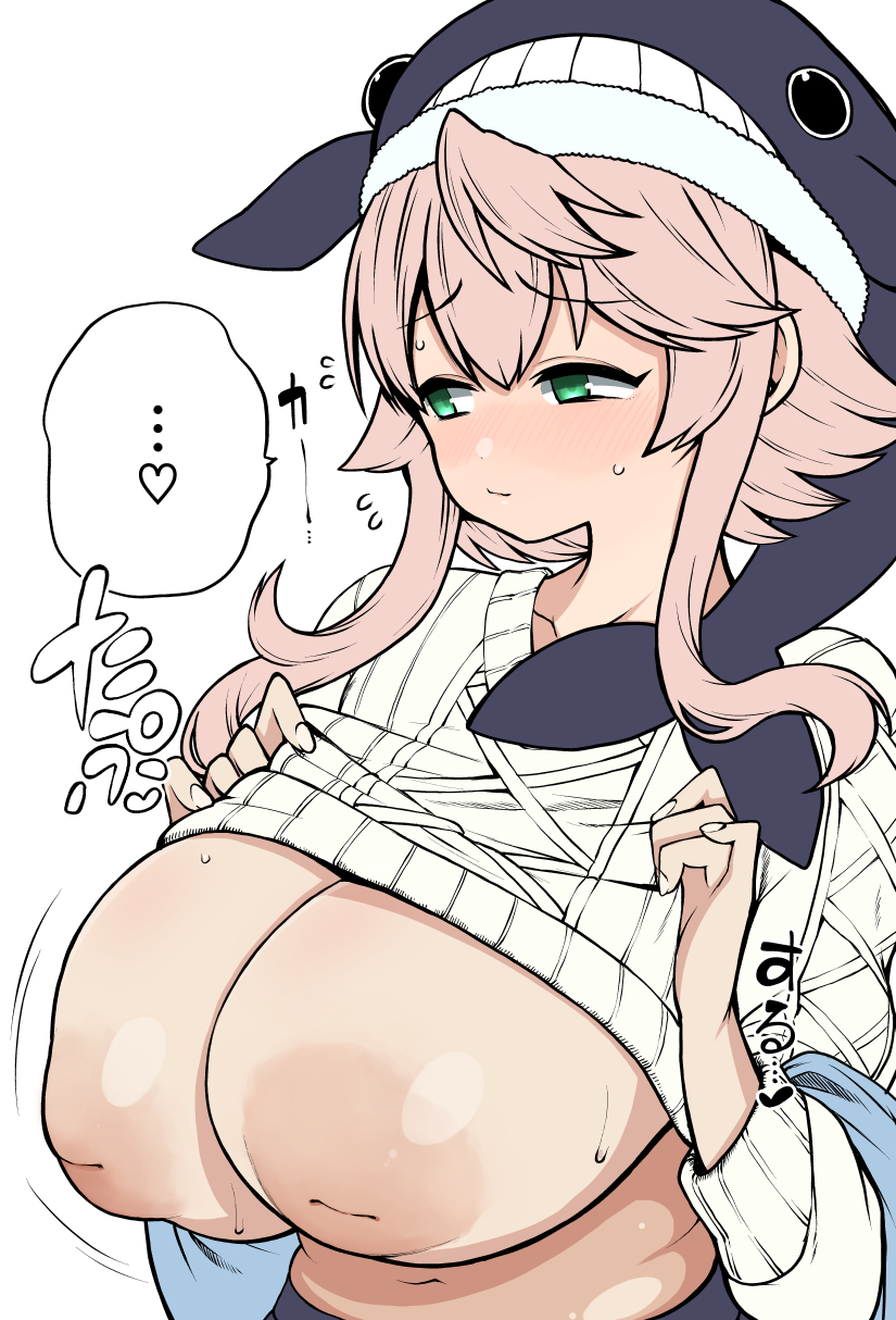 himajin noizu, okunoda miyoi, touhou, commentary request, highres, translation request, 1girl, blue shirt, blush, breasts, cleavage, closed mouth, clothes lift, embarrassed, green eyes, heart, large breasts, lifting own clothes, looking afar, nipples, no bra, nose blush, pink hair, shirt, shirt lift, short hair, simple background, solo, sweater, underwear, upper body, whale hat, white sweater