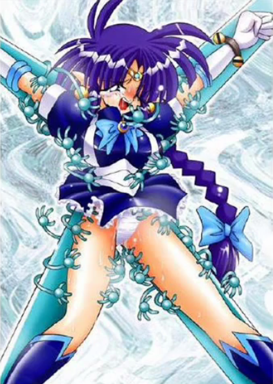 bdsm, blue hair, blue theme, bondage, bound, breasts, panties, tickling, underwear, wink