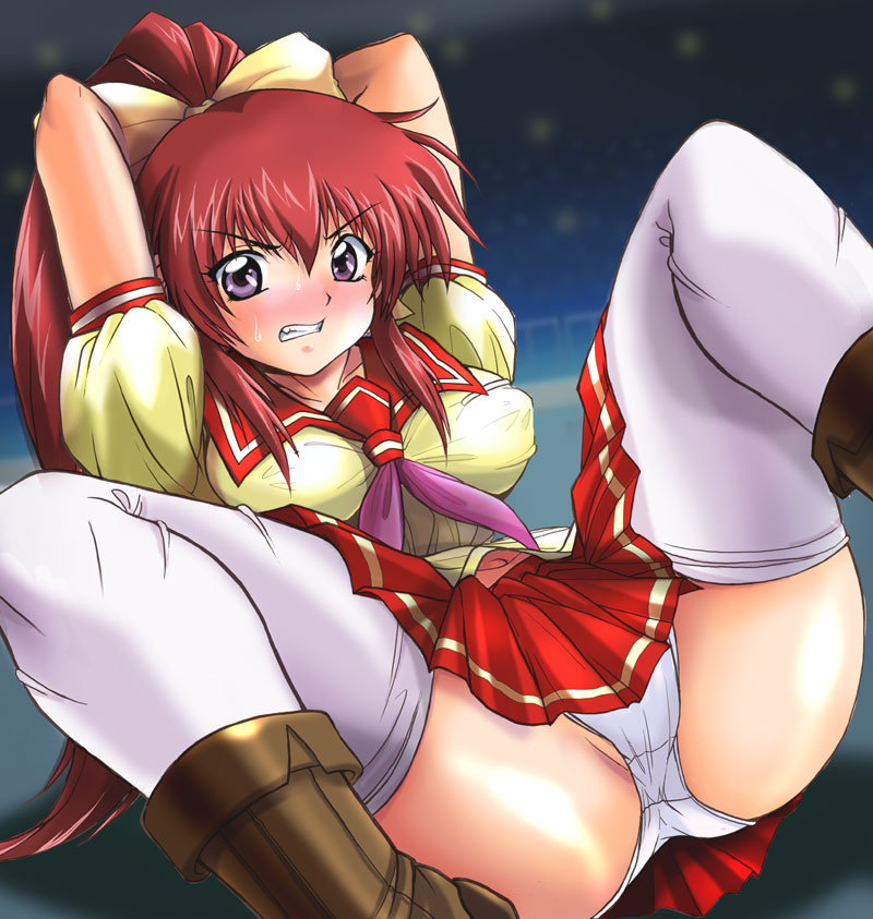 36shiri, mitsurugi ryouko, real bout high school, 1girl, arms behind head, blush, boots, bow, breasts, female focus, hair bow, imminent rape, large breasts, long hair, panties, ponytail, purple eyes, red hair, school uniform, serafuku, skirt, solo, spread legs, thighhighs, underwear, upskirt, white panties, white thighhighs
