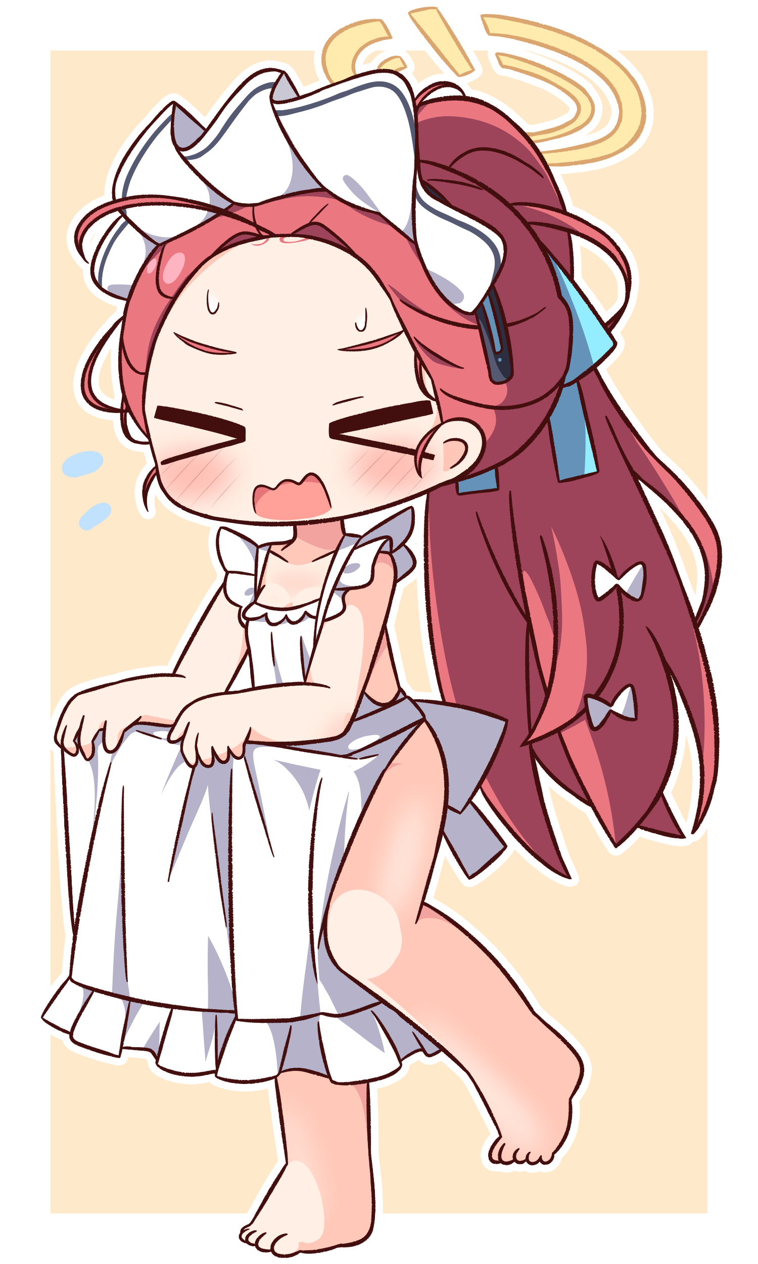 hana kazari, yuzu (blue archive), yuzu (maid) (blue archive), blue archive, absurdres, commentary request, highres, > <, 1girl, apron, apron hold, barefoot, blue ribbon, blush, border, bow, closed eyes, collarbone, flying sweatdrops, frilled apron, frills, full body, hair bow, hair ribbon, halo, long hair, maid headdress, naked apron, open mouth, outline, outside border, ponytail, red hair, ribbon, simple background, solo, standing, standing on one leg, sweat, wavy mouth, white apron, white border, white bow, white outline, yellow background, yellow halo