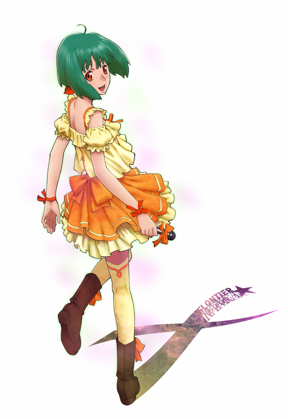 pandaun, ranka lee, macross, macross frontier, highres, 00s, 1girl, back, boots, female focus, full body, green hair, looking back, red eyes, solo, thighhighs, white background