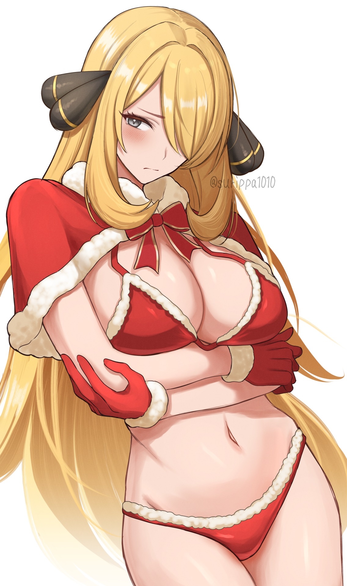 surippa1010, cynthia (pokemon), nintendo, pokemon, pokemon dppt, commentary, highres, mixed-language commentary, 1girl, bikini, blonde hair, breasts, capelet, closed mouth, grey eyes, hair over one eye, large breasts, long hair, looking at viewer, navel, red bikini, red capelet, santa bikini, santa costume, simple background, solo, swimsuit, twitter username, very long hair, white background