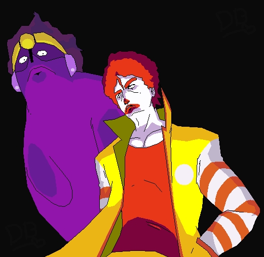 kuujou joutarou, ronald mcdonald, star platinum, jojo no kimyou na bouken, mcdonald's, cosplay, grimace, kujo jotaro (cosplay), parody, stand (jojo), star platinum (cosplay)