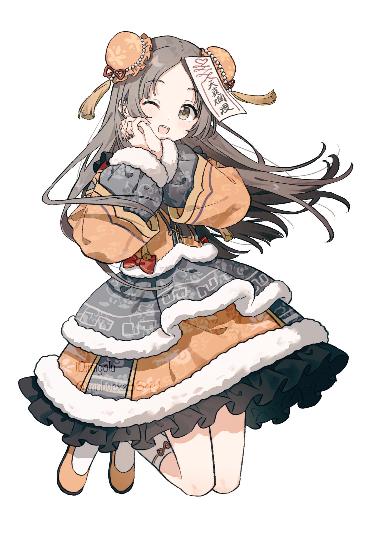 migolu, kuramoto china, gakuen idolmaster, idolmaster, highres, 1girl, alternate costume, blush, breasts, brown eyes, china dress, chinese clothes, dress, full body, grey hair, jumping, long hair, looking at viewer, one eye closed, open mouth, own hands together, small breasts, solo, twitter username, white background