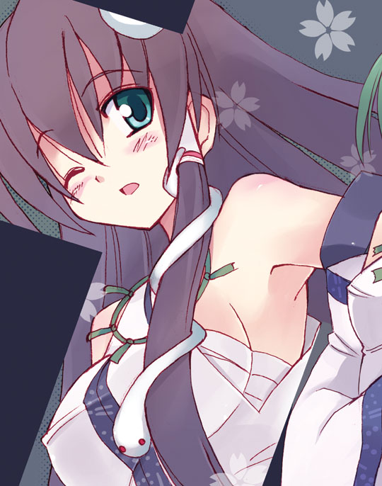 seo tatsuya, kochiya sanae, touhou, 2girls, alternate color, armpits, breasts, detached sleeves, female focus, frog, hair ornament, japanese clothes, long hair, miko, multiple girls, sarashi, snake, upper body, wink