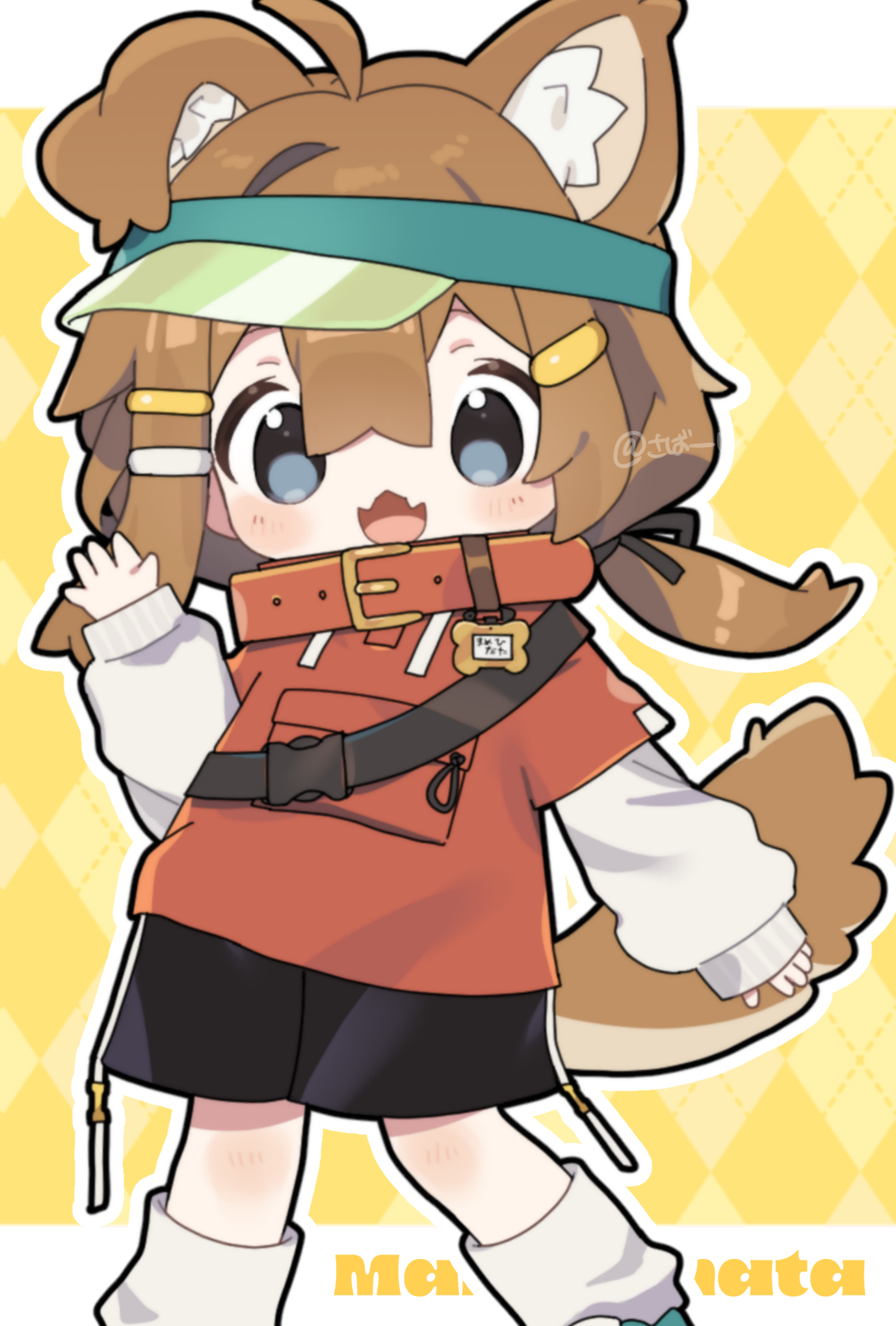akikan sabako, mamehinata, vrchat, commentary request, highres, 1girl, :3, :d, ahoge, animal collar, animal ear fluff, animal ears, argyle background, black shorts, blue eyes, blush, bone hair ornament, brown hair, brown tail, cartoon bone, character name, chibi, collar, dog ears, dog girl, dog tail, drawstring, fangs, grey eyes, hair between eyes, hair ornament, hairclip, hand up, layered sleeves, long hair, long sleeves, looking at viewer, loose socks, low twintails, open mouth, orange shirt, outline, puffy long sleeves, puffy sleeves, red collar, shirt, shoes, short over long sleeves, short sleeves, shorts, skin fangs, sleeves past wrists, smile, socks, solo, tail, twintails, twitter username, visor cap, waving, white outline, white shirt, white socks, yellow background