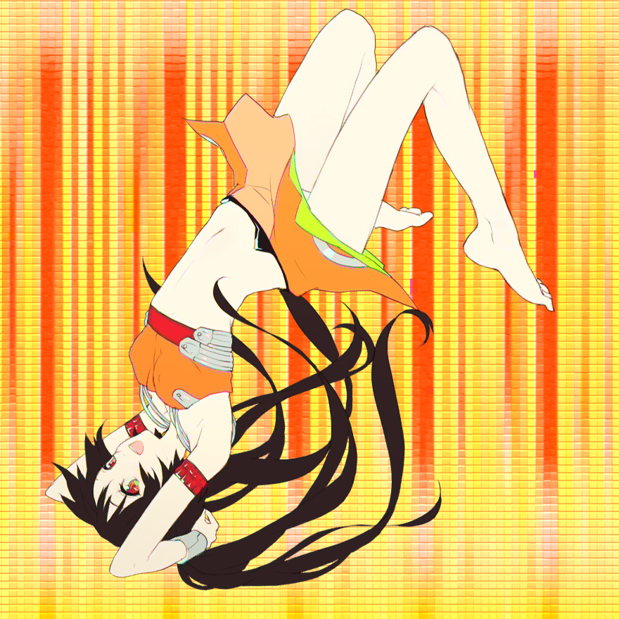 egawa satsuki, arancia, original, 1girl, armpits, barefoot, feet, female focus, flat chest, food, fruit, legs, midriff, navel, orange (fruit), orange background, orange skirt, orange theme, skirt, solo, twintails, upside-down