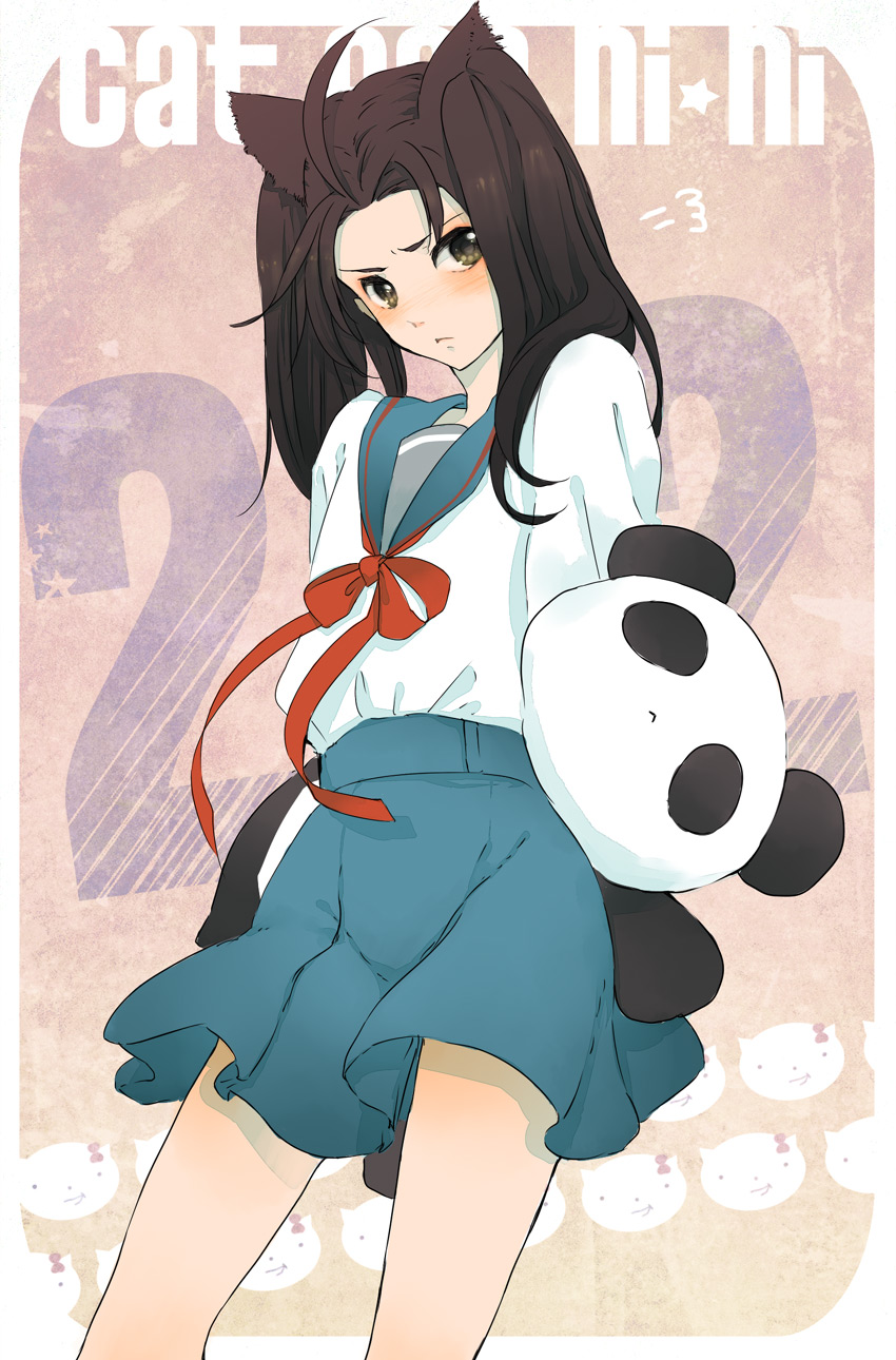 etomai, china (hetalia), axis powers hetalia, bad id, bad pixiv id, highres, 00s, 1boy, animal ears, cat boy, cat ears, crossdressing, crossdressing (mtf), long hair, male focus, panda, ribbon, school uniform, serafuku, skirt, solo, trap