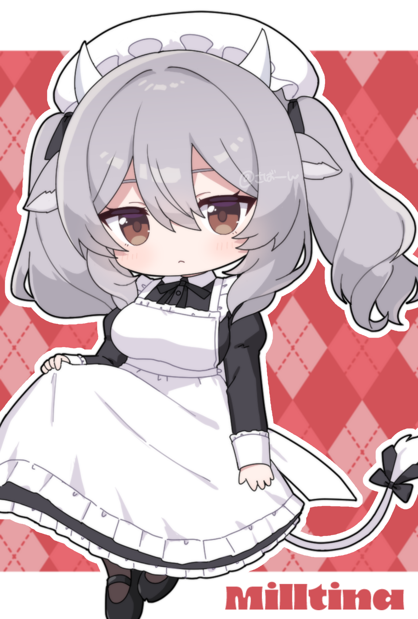 akikan sabako, milltina (vrchat), vrchat, commentary request, highres, 1girl, animal ears, apron, argyle background, black bow, black dress, black pantyhose, black ribbon, blush, bow, breasts, brown eyes, character name, chibi, closed mouth, collared dress, contrast collar, cow ears, cow girl, cow horns, cow tail, dress, frilled apron, frilled dress, frills, full body, grey hair, hair between eyes, hat, horns, juliet sleeves, large breasts, long hair, long sleeves, looking at viewer, maid, maid apron, maid headdress, mary janes, mob cap, outline, pantyhose, puffy long sleeves, puffy sleeves, red background, ribbon, shoes, sidelocks, simple background, skirt hold, solo, tail, tail bow, tail ornament, twintails, white apron, white outline
