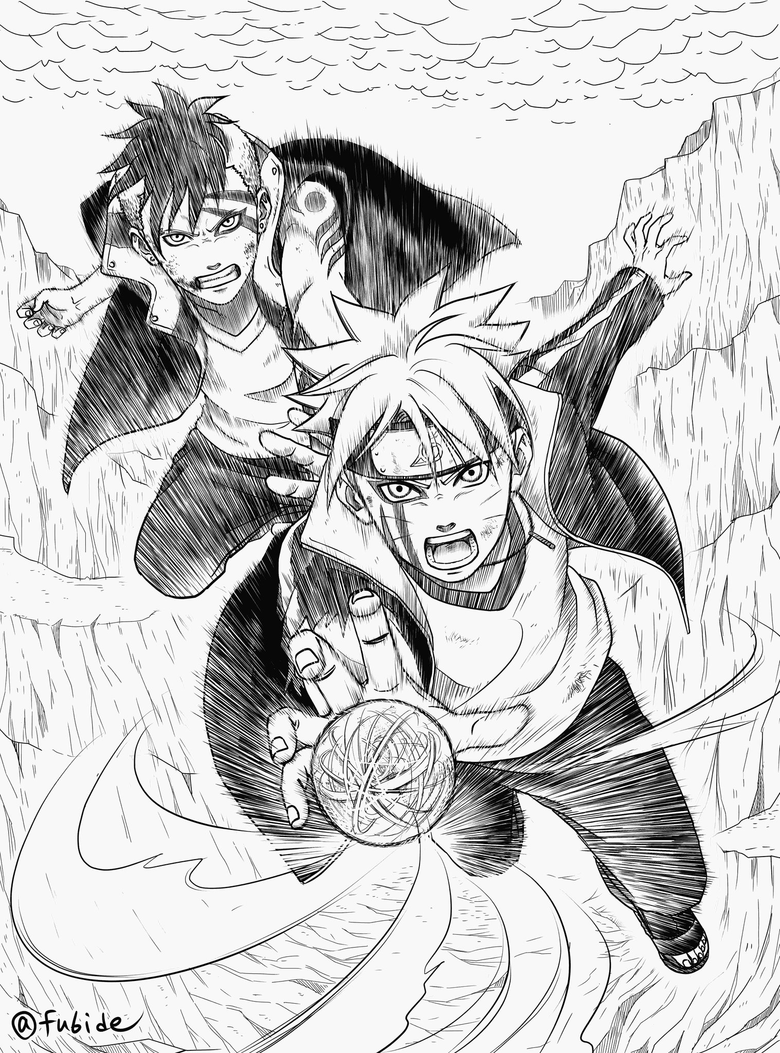 kawaki (boruto), uzumaki boruto, boruto: naruto next generations, naruto (series), commentary request, highres, 2boys, asymmetrical hair, clenched teeth, coat, energy ball, facial mark, forehead protector, greyscale, headband, jacket, jewelry, karma (naruto), konohagakure symbol, male focus, matsu (fu6ide2), mohawk, monochrome, multicolored hair, multiple boys, necklace, open-toe shoes, open mouth, rasengan, serious, sidecut, sleeveless, sleeveless coat, teeth, twitter username, two-tone hair, undercut