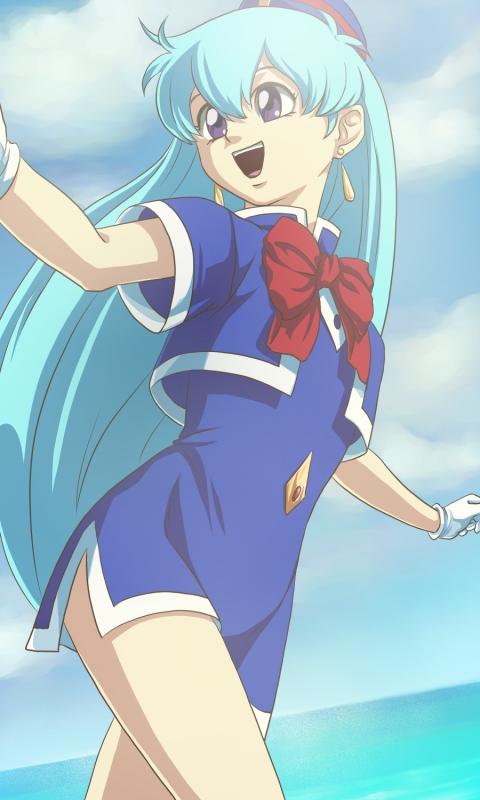tenjouin katsura, yat anshin uchuu ryokou, tagme, 1990s (style), blue hair, dress, flight attendant, legs, long hair, miniskirt, retro artstyle, short dress, skirt, travel attendant