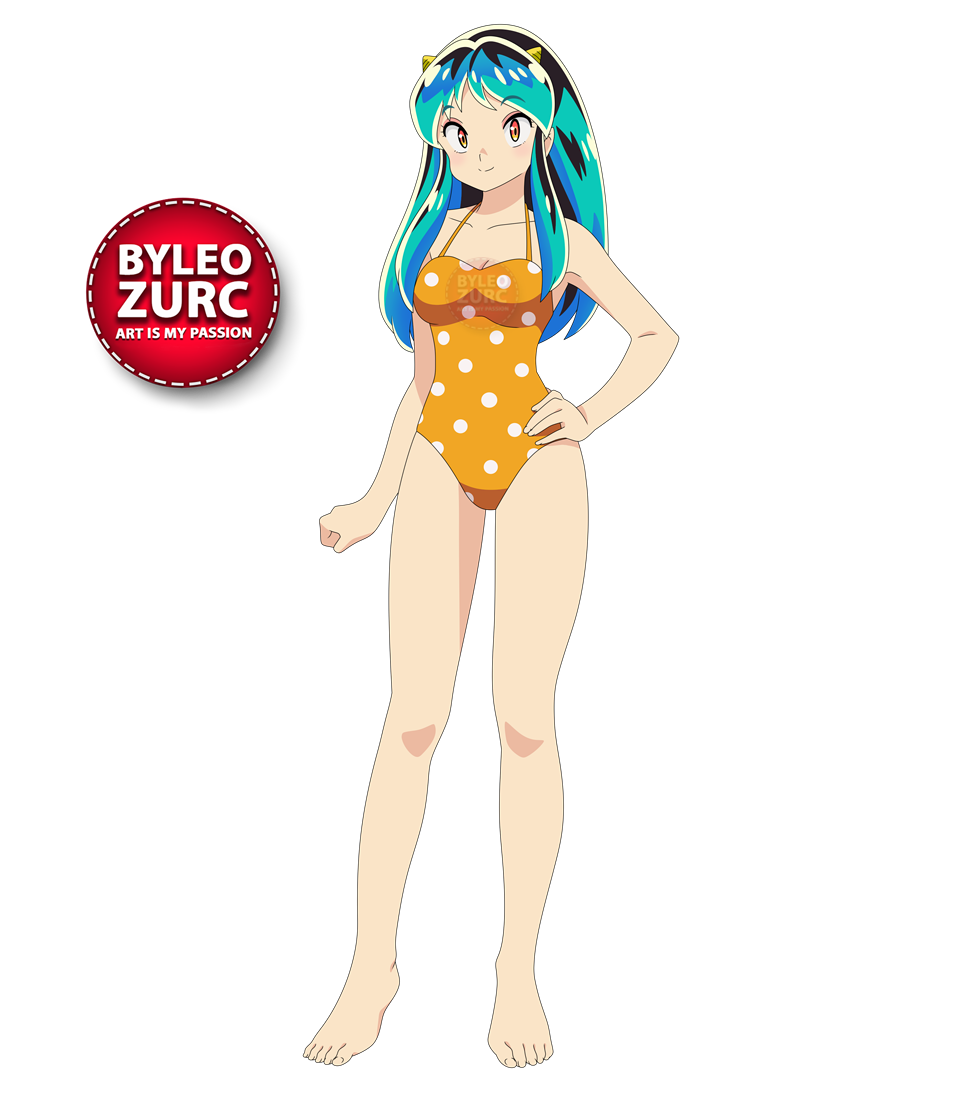 leozurcxxx, lum, urusei yatsura, 1girl, barefoot, blush, breasts, feet, green hair, horns, long hair, smile, solo, swimsuit, transparent background