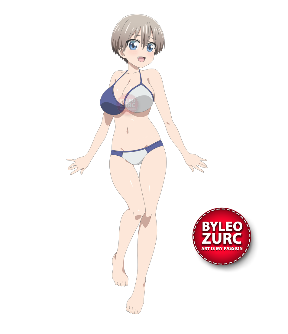 leozurcxxx, uzaki hana, uzaki-chan wa asobitai!, 1girl, barefoot, blue eyes, blush, bra, breasts, feet, grey hair, large breasts, open mouth, panties, short hair, solo, swimsuit, transparent background, underwear