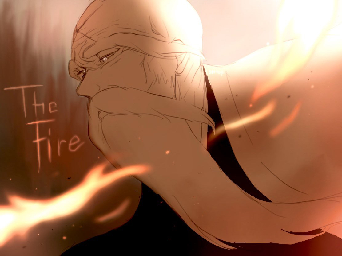 1046sstep btoh, yamamoto-genryuusai shigekuni, bleach, commentary request, 1boy, bald, beard, english text, facial hair, fire, haori, japanese clothes, long beard, male focus, portrait, profile, scar, scar on face, scar on forehead, solo, taichou haori, white haori