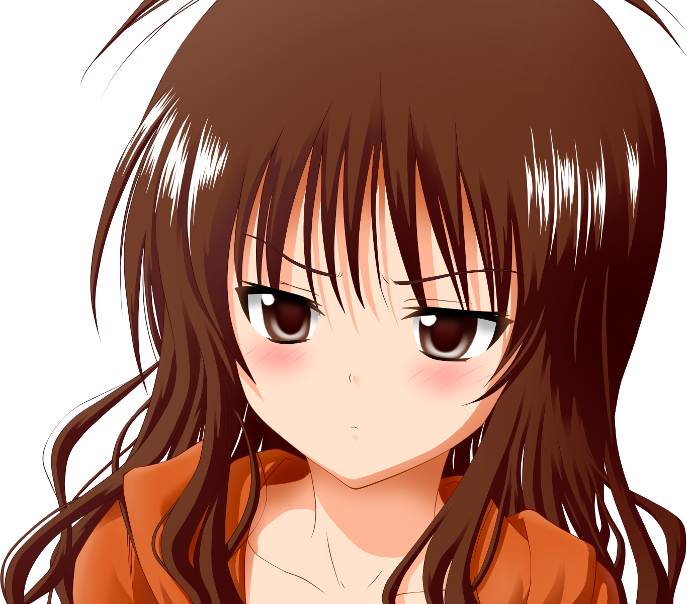 yuuki mikan, to love-ru, derivative work, highres, vector trace, 00s, 1girl, blush, brown eyes, brown hair, female focus, frown, long hair, solo, transparent background