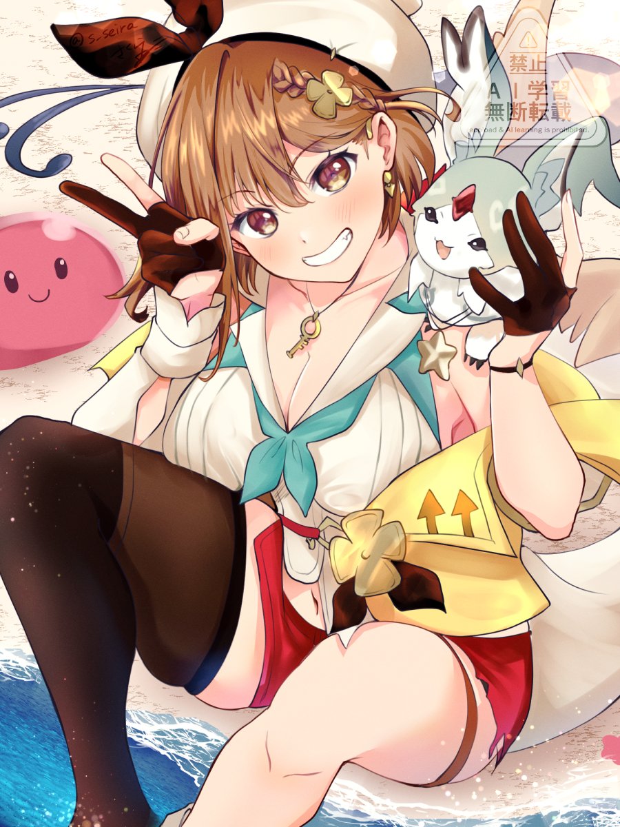 snowstar, reisalin stout, atelier (series), atelier ryza, commentary request, highres, 1girl, black gloves, black ribbon, black thighhighs, blush, breasts, brown eyes, brown hair, cleavage, gloves, hair ribbon, hat, large breasts, parted lips, red shorts, ribbon, shirt, shorts, single thighhigh, smile, solo focus, thighhighs, v, vest, white hat, white shirt, yellow vest