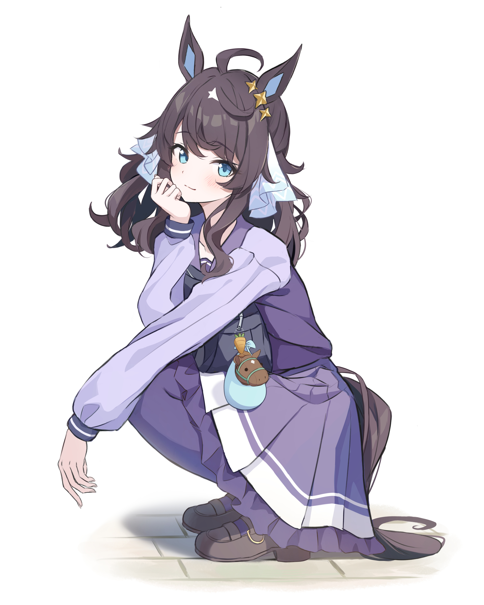 kashmir 0808, daring tact (umamusume), umamusume, commentary, highres, 1girl, ahoge, animal ears, black hair, blue eyes, blush, breasts, closed mouth, full body, hair between eyes, hair ornament, head rest, horse ears, horse girl, horse tail, long hair, long sleeves, looking at viewer, purple sailor collar, purple serafuku, purple shirt, purple skirt, purple thighhighs, sailor collar, sailor shirt, school uniform, serafuku, shirt, shoes, skirt, smile, solo, squatting, star (symbol), star hair ornament, tail, thighhighs, tracen school uniform
