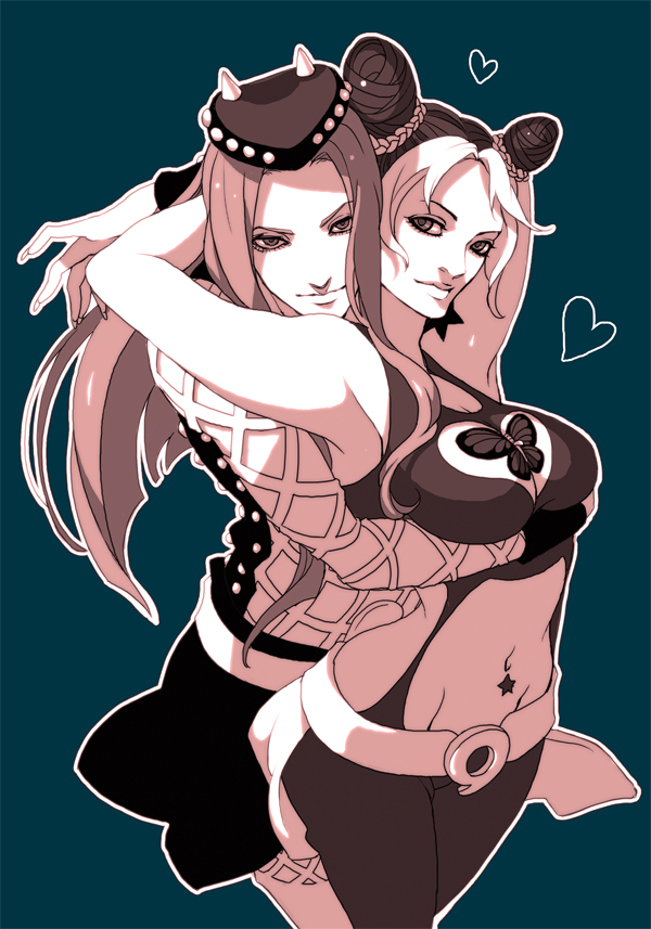 nozoki davis, kuujou jolyne, narciso anasui, jojo no kimyou na bouken, stone ocean, bad id, bad pixiv id, 1boy, 1girl, armpits, arms up, belly piercing, belt, birthmark, blue background, bug, butterfly, butterfly (symbol), color background, cone hair bun, couple, double bun, fishnet top, fishnets, hair bun, halterneck, hat, heart, hetero, hug, hug from behind, insect, long hair, midriff, monochrome, multicolored hair, navel, pink theme, spikes, star (symbol), star symbol, suspenders, two-tone hair