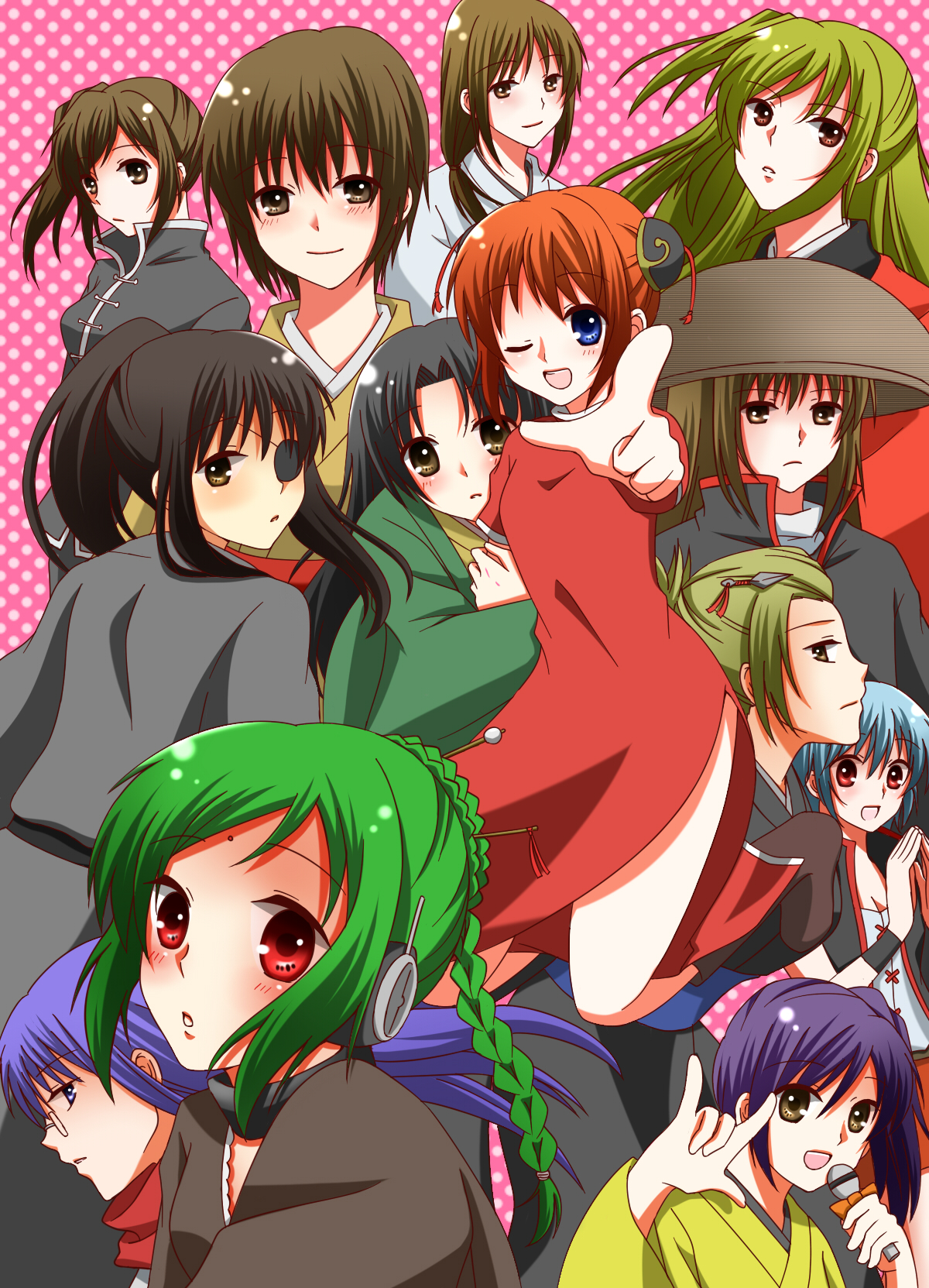 ikumatsu, kagura (gintama), kijima matako, mutsu (gintama), okita mitsuba, okita souko, sarutobi ayame, shimura tae, tama (gintama), terakado tsu, tokugawa soyo, tsukuyo, tsukuyo (gintama), yagyuu kyuubei, gintama, bad id, bad pixiv id, gender request, highres, 00s, 6+girls, m/, black hair, blue eyes, blush, brown eyes, china dress, chinese clothes, double bun, dress, everyone, eyepatch, female focus, genderswap, glasses, green hair, japanese clothes, long hair, microphone, multiple girls, one eye closed, orange hair, polka dot, red eyes, sakata ginoki, short hair, soyo, wink