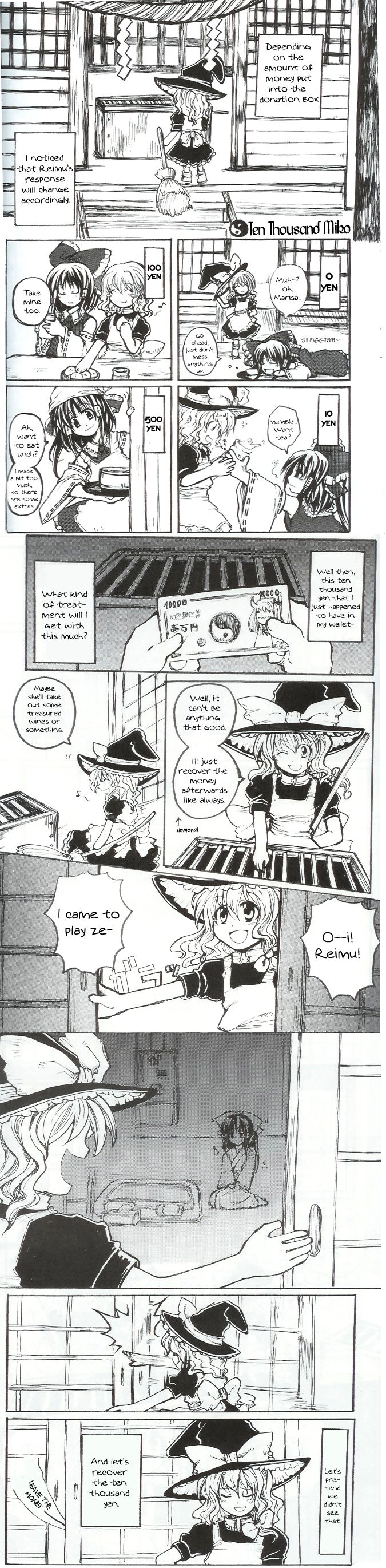 tako (plastic protein), ex-keine, hakurei reimu, ibuki suika, kamishirasawa keine, kirisame marisa, touhou, absurdres, hard-translated, highres, long image, tall image, third-party edit, translated, 2girls, bandana, bow, box, broom, comic, cup, detached sleeves, donation box, english text, female focus, food, futon, greyscale, hat, japanese clothes, kimono, money, monochrome, multiple girls, nervous, one eye closed, poverty, prostitution, rope, seiza, shide, shimenawa, shrine, sitting, teacup, tears, tissue, tissue box, wink, witch hat, yen, yin yang, yukata
