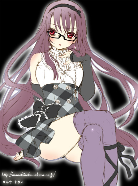 kamiya maneki, 1girl, artist name, cross, crossed legs, elbow gloves, female focus, fingerless gloves, glasses, gloves, hairband, hand on own chest, jewelry, long hair, pendant, purple hair, purple thighhighs, red eyes, simple background, sitting, sketch, solo, thighhighs, watermark, web address