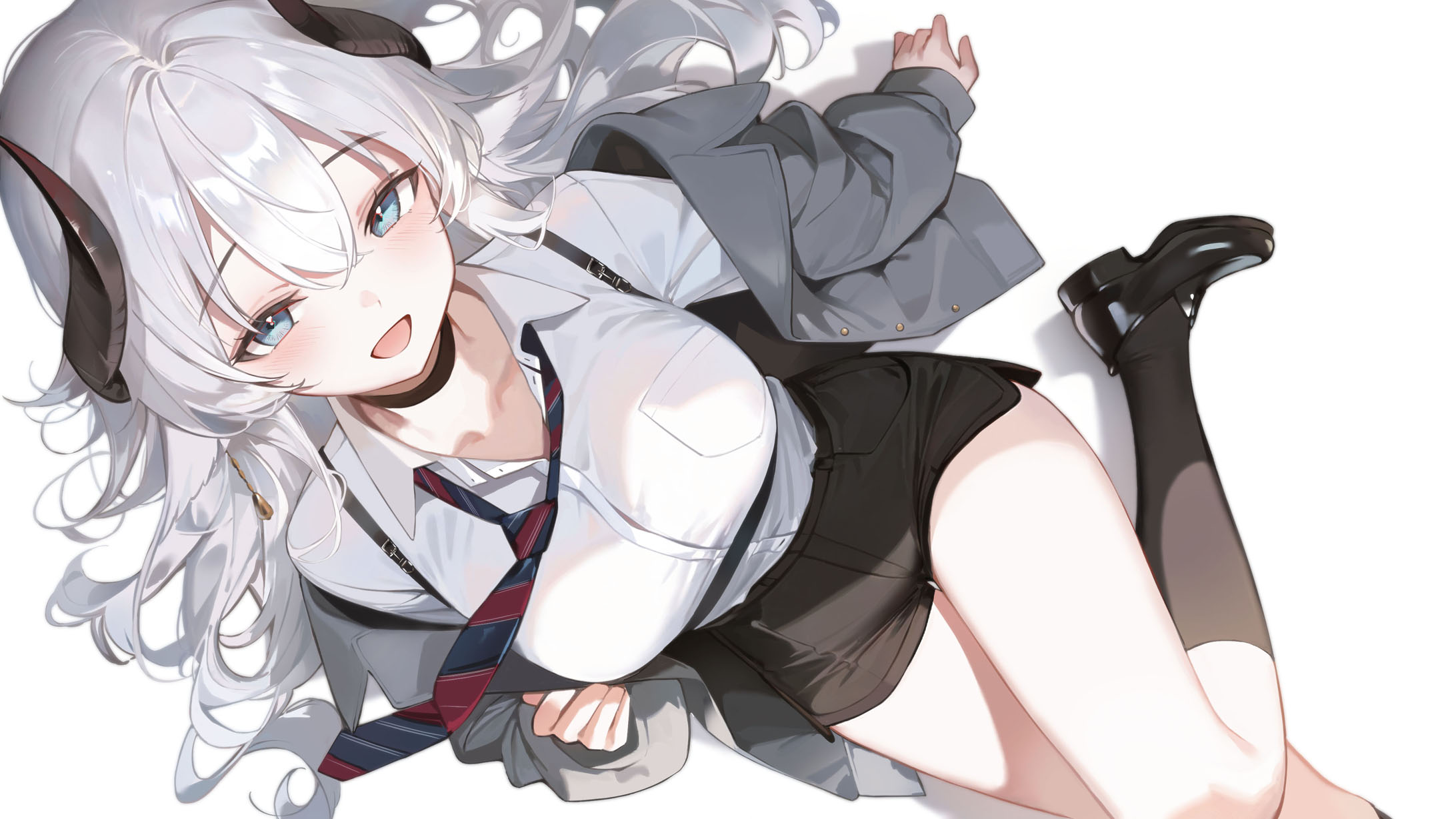 neiless neiro, original, highres, 1girl, animal ears, black choker, black shoes, black shorts, black socks, blue eyes, breast pocket, breasts, chest harness, choker, collared shirt, from above, goat ears, goat horns, grey jacket, harness, horns, jacket, kneehighs, large breasts, long hair, long sleeves, looking at viewer, looking up, necktie, off shoulder, open mouth, pocket, shirt, shirt tucked in, shoes, short shorts, shorts, simple background, smile, socks, solo, thighs, white background, white hair, white shirt