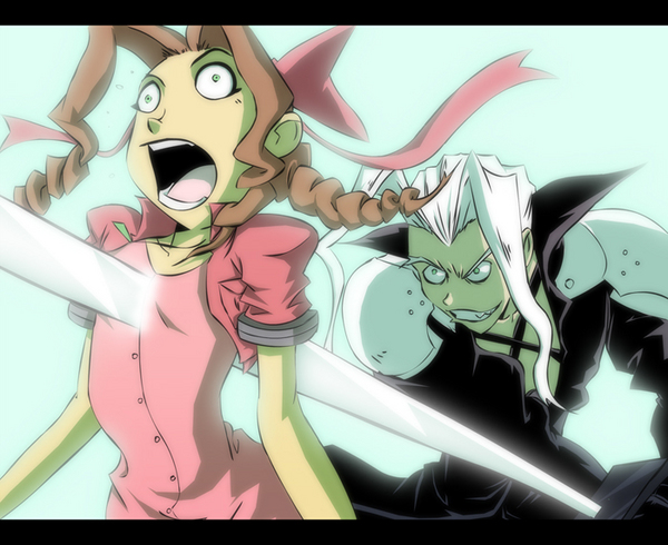 aerith gainsborough, sephiroth, final fantasy, final fantasy vii, spoilers, impaled, parody, screaming, stab, sword, weapon