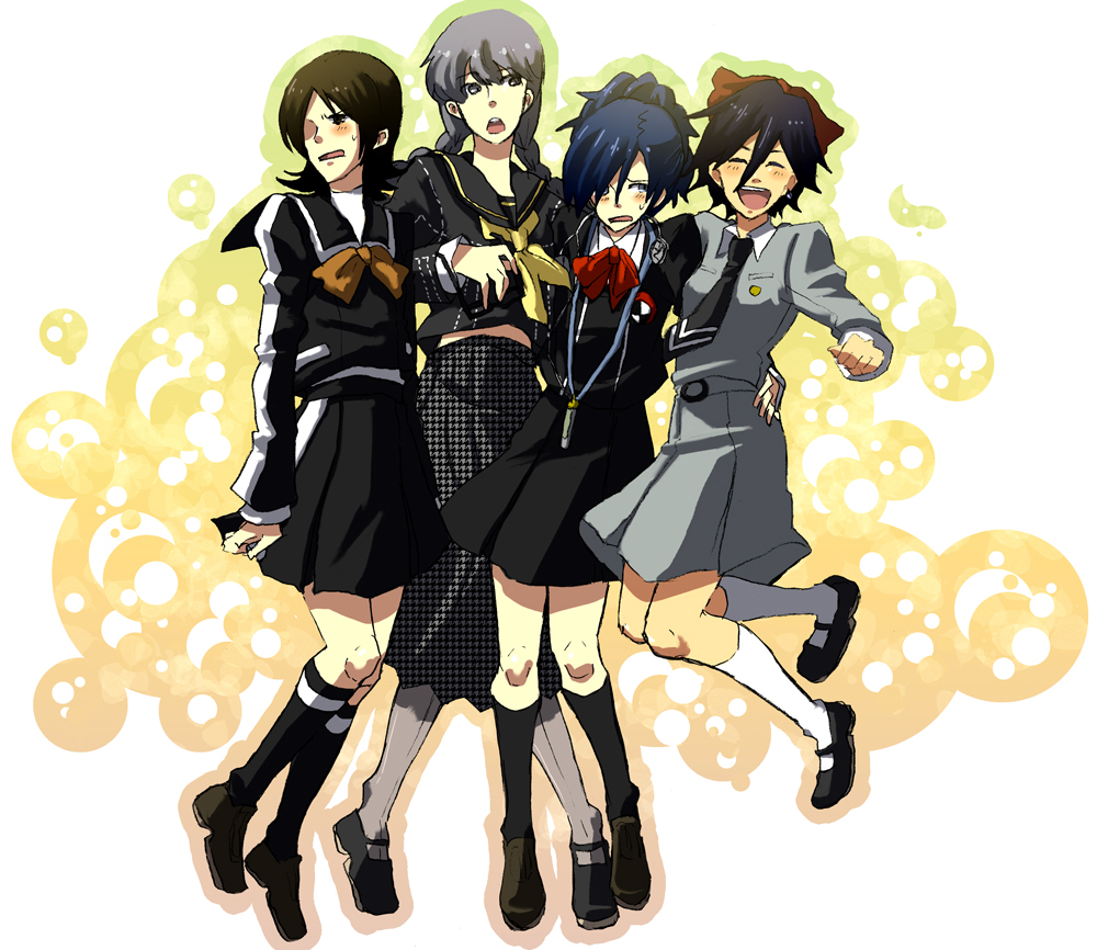 hosuke, narukami yu, suou tatsuya, toudou naoya, yuuki makoto (persona 3), atlus, persona, persona 1, persona 2, persona 2 tsumi, persona 3, persona 4, bad id, bad pixiv id, gender request, 4boys, ^ ^, black serafuku, black shirt, black socks, blouse, braid, closed eyes, crossdressing, crossdressing (mtf), crossover, embarrassed, full body, genderswap, hair over one eye, hair ribbon, headphones, kneehighs, male focus, multiple boys, necktie, pantyhose, ribbon, school uniform, serafuku, shirt, skirt, socks, trap, twin braids, unmoving pattern