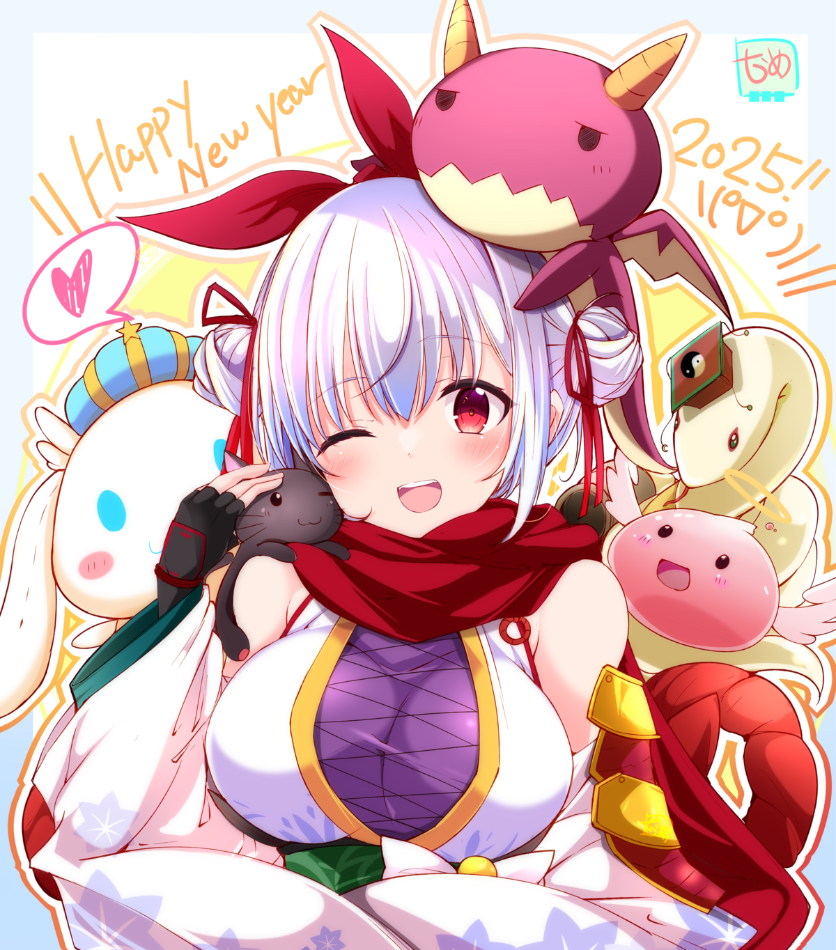 nanaume (shichimi tougarashi), angeling, evil snake lord, ragnarok online, commentary request, highres, 1girl, 2025, animal, animal on shoulder, black cat, black gloves, blush, bow, breasts, cat, cat on shoulder, chinese clothes, detached sleeves, double bun, fingerless gloves, fishnet top, fishnets, gloves, green sash, guan hat, hair bow, hair bun, halo, heart, large breasts, looking at viewer, mian guan, one eye closed, open mouth, red bow, red eyes, red scarf, sash, scarf, shiranui (ragnarok online), sleeveless tunic, slime (creature), smile, solo, spoken heart, traditional halo, tunic, upper body, white background, white hair, white sleeves, white tunic, yellow halo, yin yang