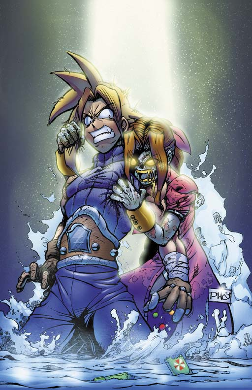 darknekogami, aerith gainsborough, cloud strife, final fantasy, final fantasy vii, resident evil, materia, parody, umbrella, water, zombie