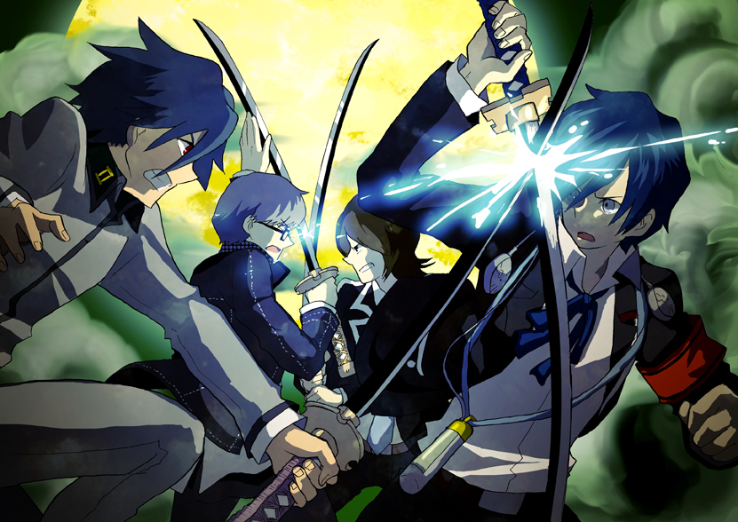 hosuke, narukami yu, suou tatsuya, toudou naoya, yuuki makoto (persona 3), atlus, persona, persona 1, persona 2, persona 2 tsumi, persona 3, persona 4, 4boys, armband, attack, battle, blouse, collared shirt, crossover, epic, full moon, hair over one eye, headphones, holding, holding sword, holding weapon, male focus, moon, mp3 player, multiple boys, multiple crossover, shirt, sword, weapon, white shirt
