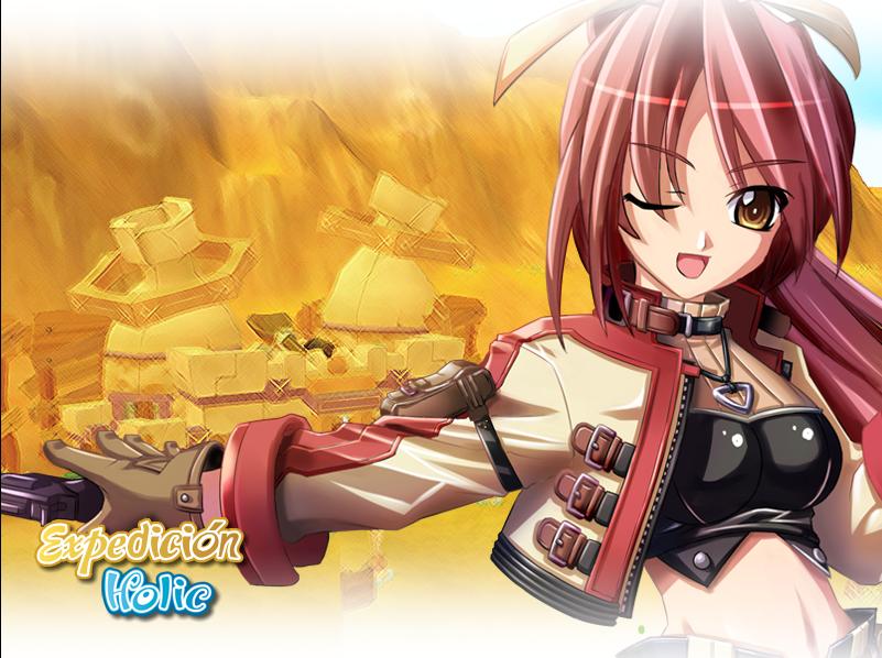 expedicion holic, jpeg artifacts, official art, 1girl, female focus, gun, navel, one eye closed, open mouth, smile, solo, weapon, wink, yellow eyes