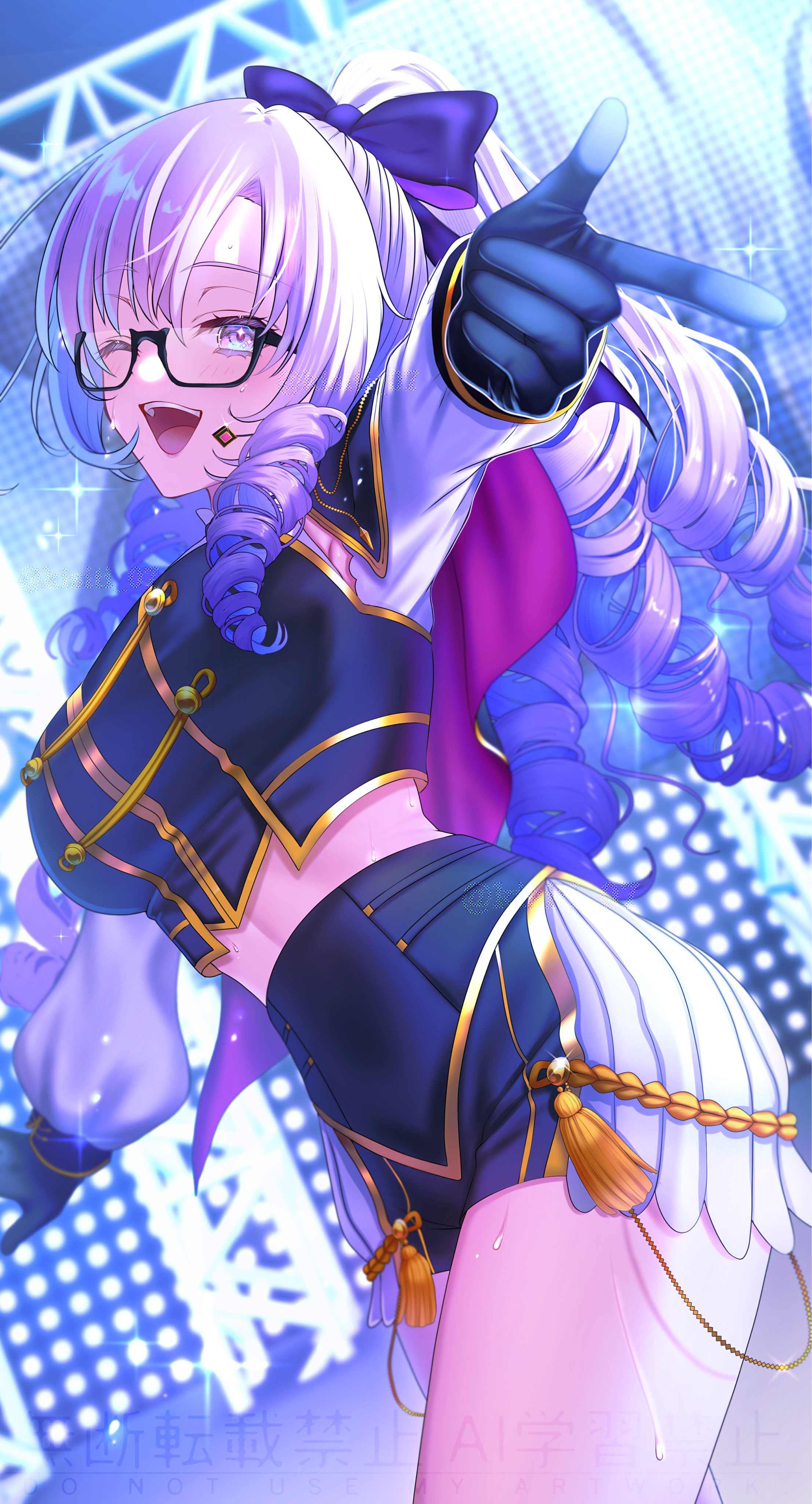 hyakumantenbara salome, nijisanji, absurdres, commentary request, highres, 1girl, black gloves, black skirt, black vest, breasts, cowboy shot, drill hair, glasses, gloves, idol, kisiti 07, large breasts, miniskirt, nijisanji idol uniform, one eye closed, open mouth, pleated skirt, purple eyes, purple hair, shirt, skirt, solo, stage, vest, virtual youtuber, watermark, white shirt, white skirt