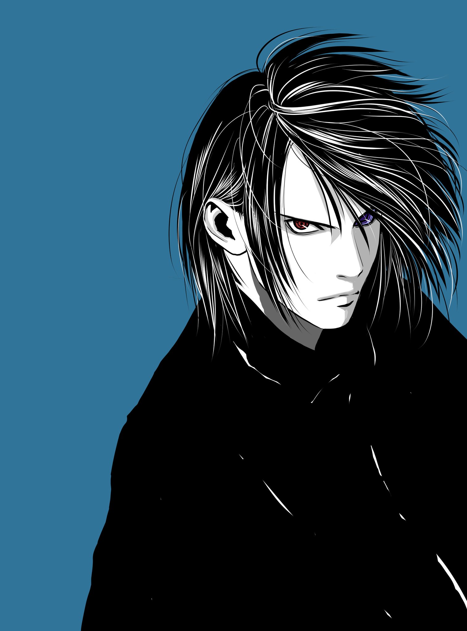 uchiha sasuke, boruto: naruto next generations, naruto (series), commentary, highres, 1boy, blue background, collared cloak, furrowed brow, greyscale with colored background, heterochromia, male focus, matsu (fu6ide2), red eyes, rinnegan, serious, sharingan, solo, spot color, upper body