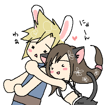 cloud strife, tifa lockhart, final fantasy, final fantasy vii, lowres, > <, 1990s (style), 1boy, 1girl, animal ears, blonde hair, cat ears, chibi, closed eyes, couple, hetero, long hair, low-tied long hair, oekaki, rabbit ears, retro artstyle