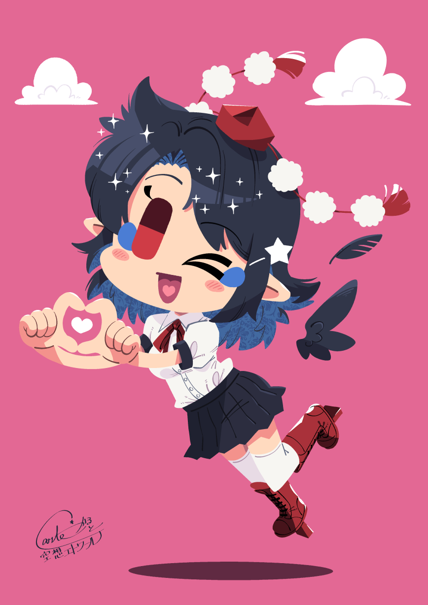 carte, shameimaru aya, touhou, commentary request, highres, 1girl, :d, black hair, black skirt, black wings, blue eyeshadow, blue hair, blush stickers, boots, chibi, chibi only, cloud, collared shirt, colored inner hair, detached wings, eyeshadow, feathered wings, full body, geta, hat, heart, heart hands, heart in mouth, looking at viewer, makeup, multicolored hair, one eye closed, open mouth, pink background, pleated skirt, pointy ears, pom pom (clothes), red boots, red eyes, red hat, shirt, short hair, signature, simple background, skirt, smile, solo, tengu-geta, tokin hat, white shirt, white skirt, wings
