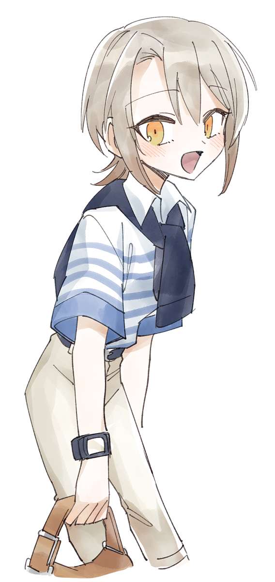 suno (imydream), hasumi leia, mahou shoujo no majo saiban, commentary request, highres, 1girl, :d, alternate costume, bag, blue shirt, brown pants, collared shirt, holding, holding bag, looking at viewer, open mouth, pants, shirt, short hair, short sleeves, simple background, smile, solo, standing, striped clothes, striped shirt, white background, yellow eyes