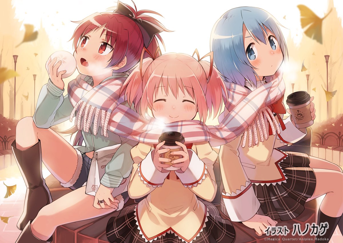 hanokage, kaname madoka, miki sayaka, sakura kyoko, mahou shoujo madoka magica, mahou shoujo madoka magica (anime), commentary request, end card, official art, second-party source, 3girls, ^ ^, artist name, black bow, black skirt, blue eyes, blue hair, blue shorts, blush, boots, bow, bowtie, brown boots, closed eyes, closed mouth, copyright notice, cup, disposable coffee cup, disposable cup, fang, green shirt, hair bow, hair ribbon, holding, holding cup, juliet sleeves, knee boots, long hair, long sleeves, miniskirt, mitakihara school uniform, multiple girls, open mouth, pink hair, pleated skirt, ponytail, puffy sleeves, red bow, red bowtie, red eyes, red hair, red ribbon, ribbon, scarf, school uniform, shared clothes, shared scarf, shirt, short hair, short twintails, shorts, sitting, skirt, smile, twintails, white scarf, yellow shirt