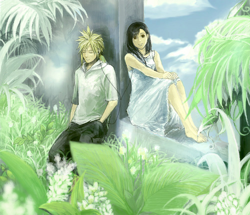 niko (silent.whitesnow), cloud strife, tifa lockhart, final fantasy, final fantasy vii, lowres, 1990s (style), 1boy, 1girl, black hair, blonde hair, cable, couple, day, hetero, plant, retro artstyle, sitting, swept bangs