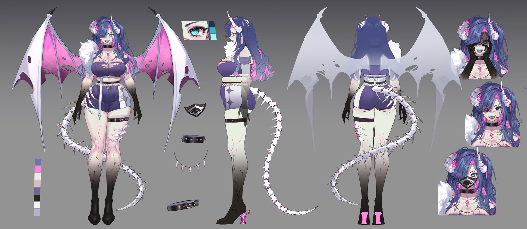 avaritia hawthorne, variance project, artist request, highres, 1girl, belt, black belt, black mask, blood, blood on face, blood splatter, blue eyes, blue tongue, breasts, broken horn, cleavage, collar, color guide, colored extremities, colored inner hair, colored tongue, fishnets, hair over one eye, hands on own cheeks, hands on own face, horns, mask, mouth mask, multicolored hair, multicolored wings, multiple views, pink hair, pink wings, reference sheet, short shorts, shorts, spiked collar, spikes, tail, thigh belt, thigh strap, torn wings, virtual youtuber, white horns, white wings, wings