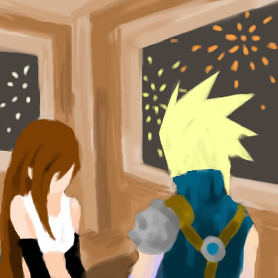 cloud strife, tifa lockhart, final fantasy, final fantasy vii, lowres, 1990s (style), fireworks, gold saucer, gondola, retro artstyle