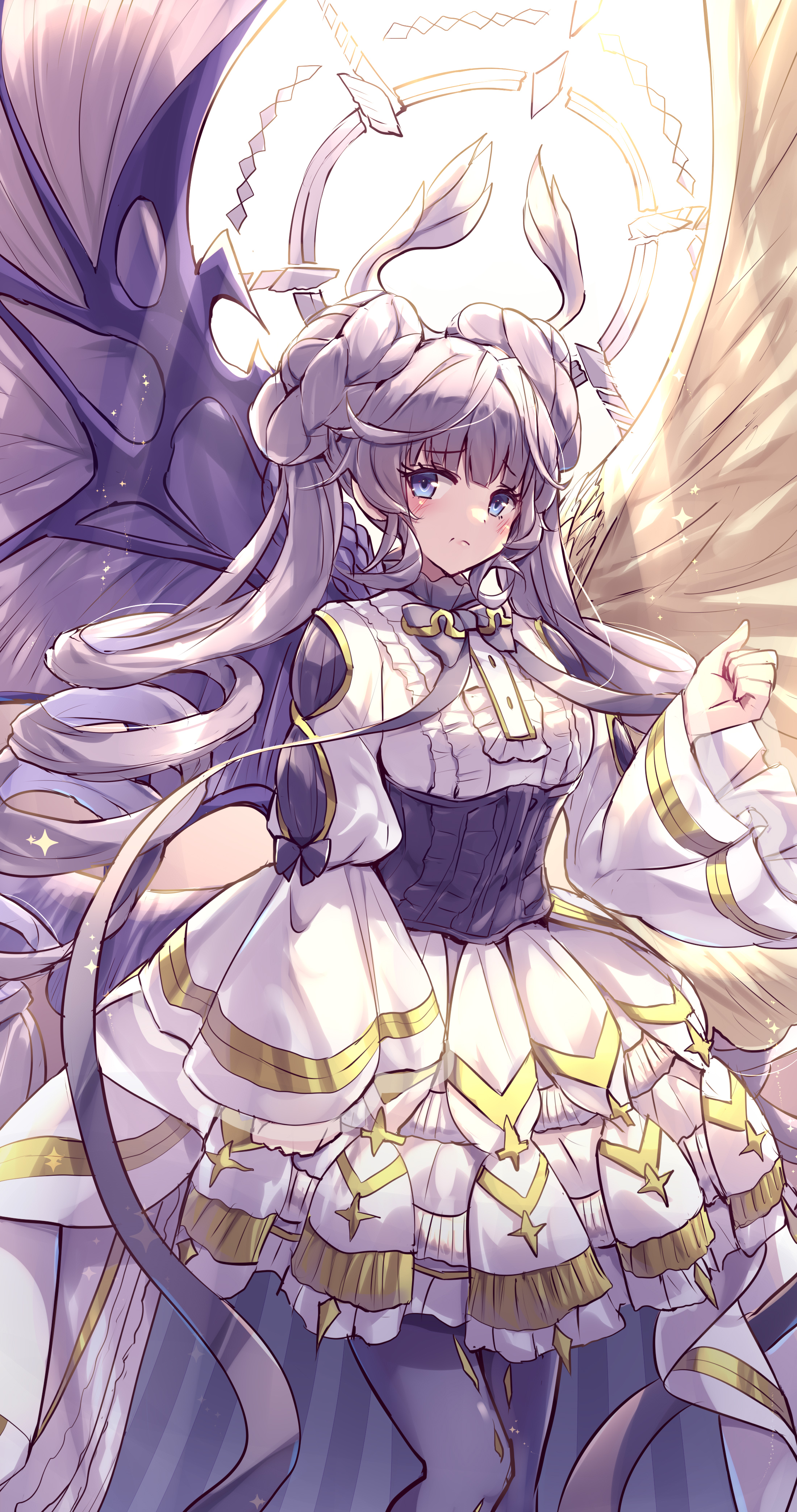 kanzakietc, selettrice vaalmonica, varar vaalmonican concord, yu-gi-oh!, absurdres, commentary request, highres, 1girl, angel wings, black corset, black pantyhose, blue eyes, braid, braided twintails, bun with braided base, closed mouth, corset, demon wings, double bun, dress, duel monster, frilled dress, frills, hair bun, halo, horns, long sleeves, pantyhose, purple hair, simple background, solo, white background, white dress, white halo, wings