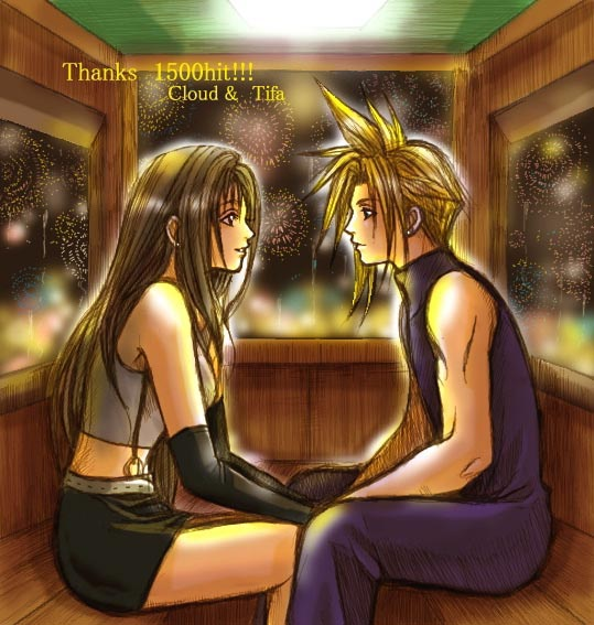 garakuta (chika), cloud strife, tifa lockhart, final fantasy, final fantasy vii, 1990s (style), 1boy, 1girl, aerial fireworks, blonde hair, character name, couple, fireworks, gold saucer, hetero, long hair, milestone celebration, retro artstyle, skirt, suspender skirt, suspenders