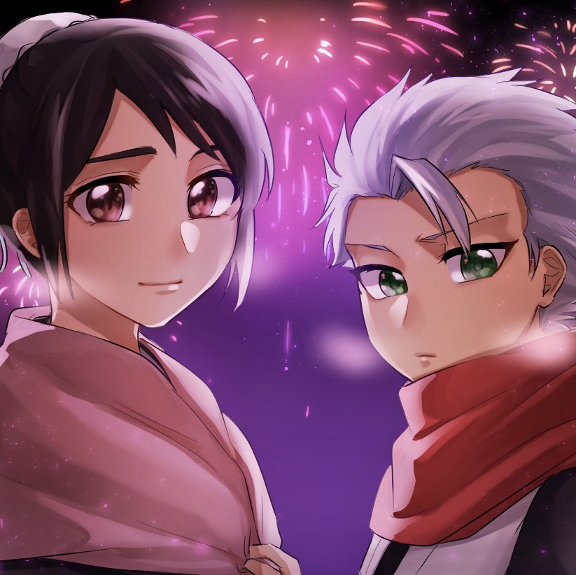 1046sstep btoh, hinamori momo, hitsugaya toushirou, bleach, commentary request, 1boy, 1girl, black hair, breath, bun cover, fireworks, green eyes, hair bun, pink eyes, pink scarf, red scarf, scarf, single hair bun, smile, white hair