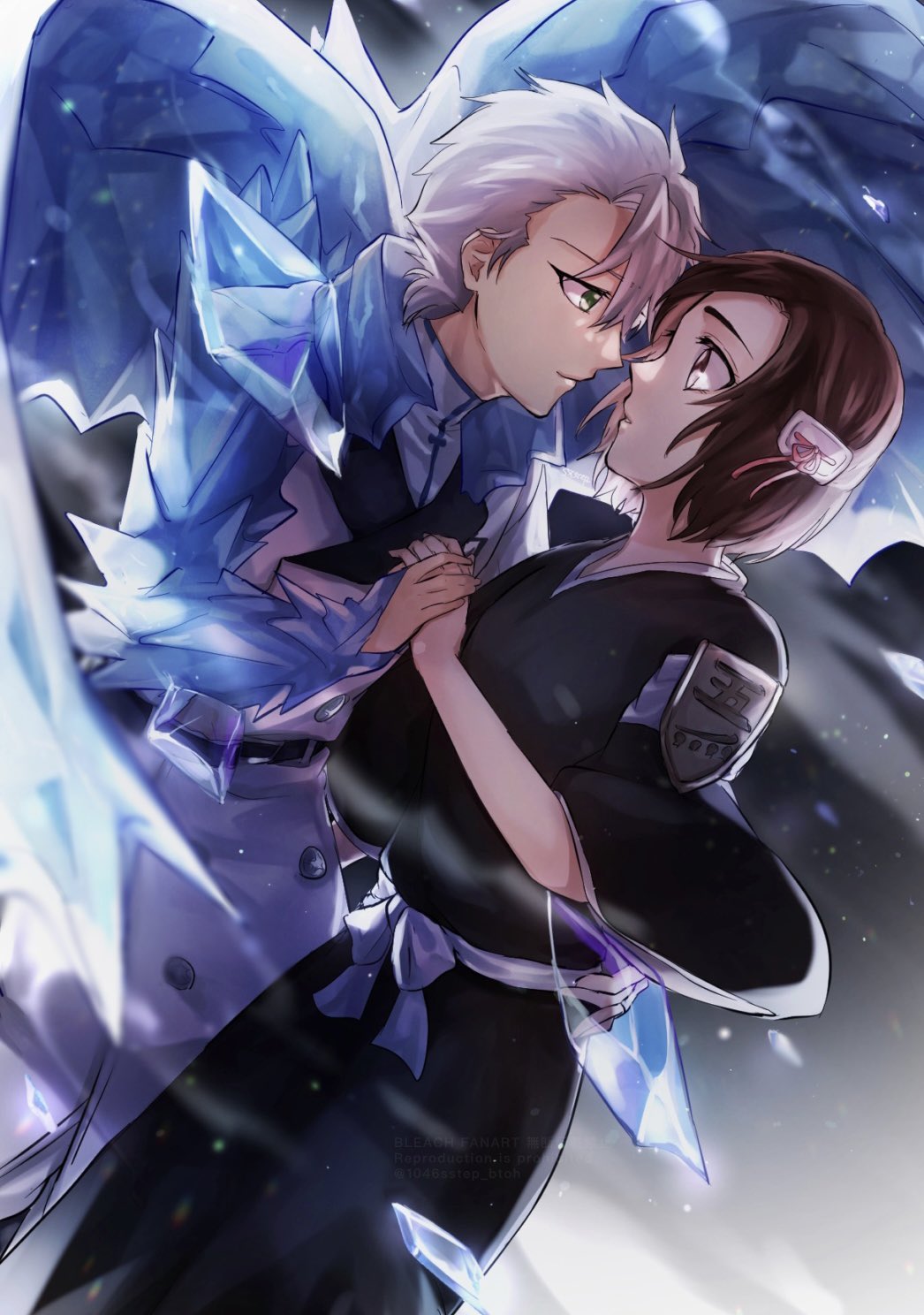 1046sstep btoh, hinamori momo, hitsugaya toushirou, bleach, bleach: sennen kessen-hen, commentary request, highres, 1boy, 1girl, armband, black hair, coat, dutch angle, green eyes, hair ornament, hand grab, ice, medium hair, shihakusho, wandenreich uniform, white coat, white hair